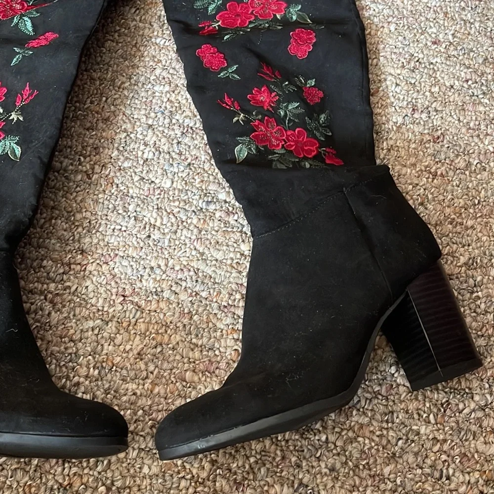 Libby Edelman Black Over the Knee Boots with Red Floral Embroidery